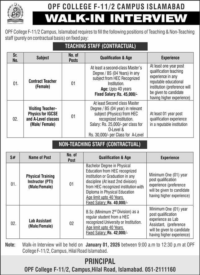 OPF College F-11/2 Campus Islamabad Jobs 2026 – OPF Public School Jobs 2025 — original advertisement