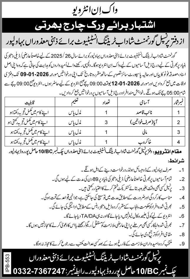 Govt Shadab Training Institute For MCC Bahawalpur Jobs 2026 – Public Sector Organization Jobs 2026 — original advertisement