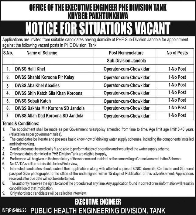PHE Sub Division Jandola District Tank Jobs 2026 – Public Health Engineering Department KPK Jobs 2025 — original advertisement