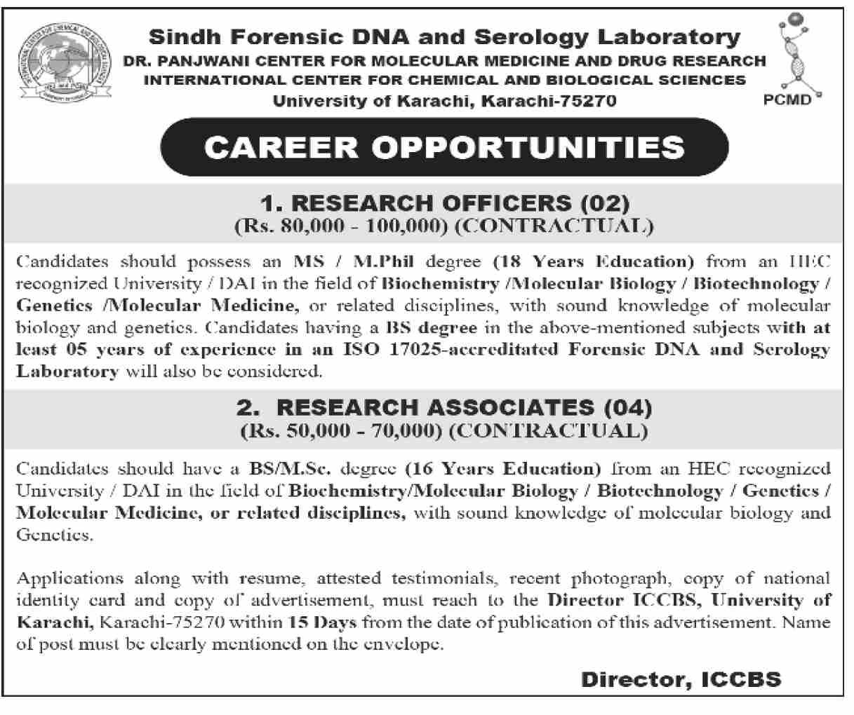 Sindh Forensic Science Laboratory Karachi Jobs 2026 – Public Sector Organization Jobs 2025 — original advertisement