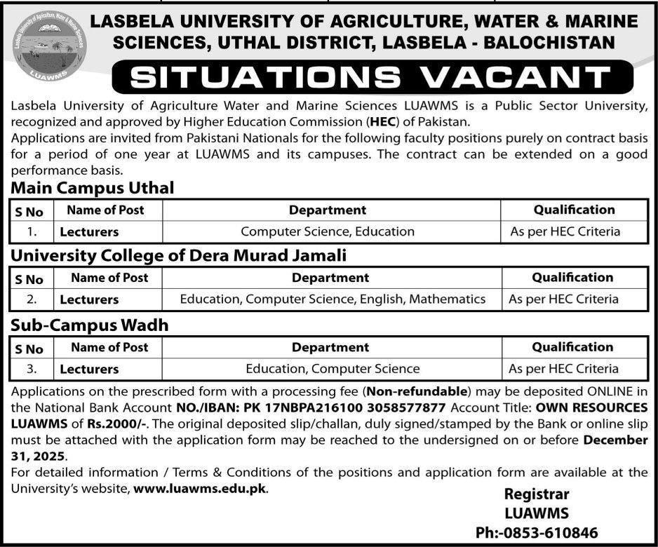 Lasbela University Of Agriculture Water & Marine Science Job – Lasbela University of Agriculture, Water & Marine Sciences (LUAWMS) Uthal Jobs 2025 — original advertisement