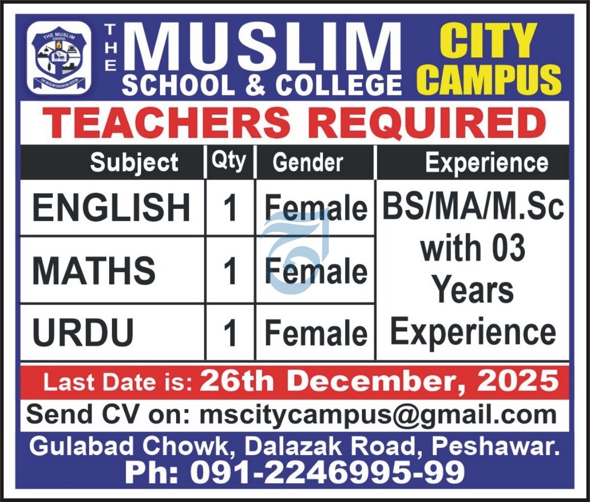 Muslim School & College System Peshawar Jobs 2026 – The Muslim High School Jobs 2025 — original advertisement