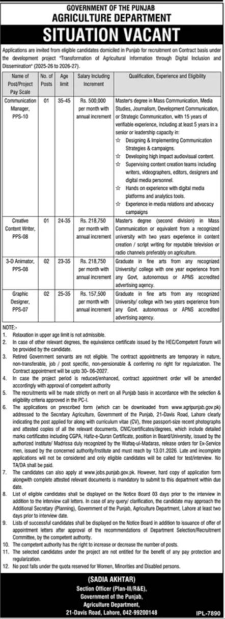 Agriculture Department Lahore Jobs 2026 – Agriculture Department Punjab Jobs 2025 — original advertisement