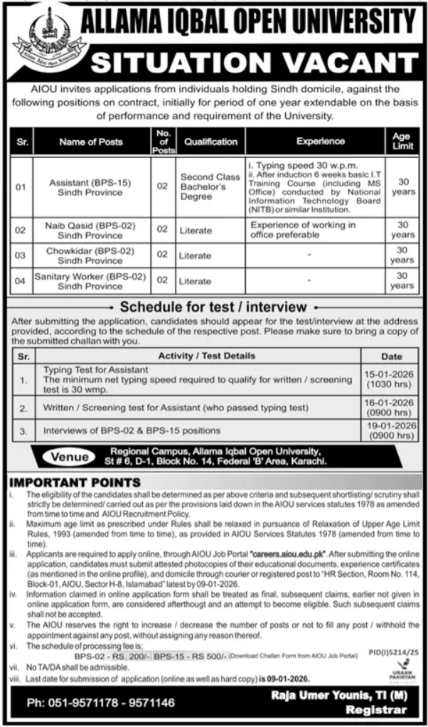 Allama Iqbal Open University AIOU Jobs 2026 – Allama Iqbal Open University Islamabad Jobs 2025 — original advertisement