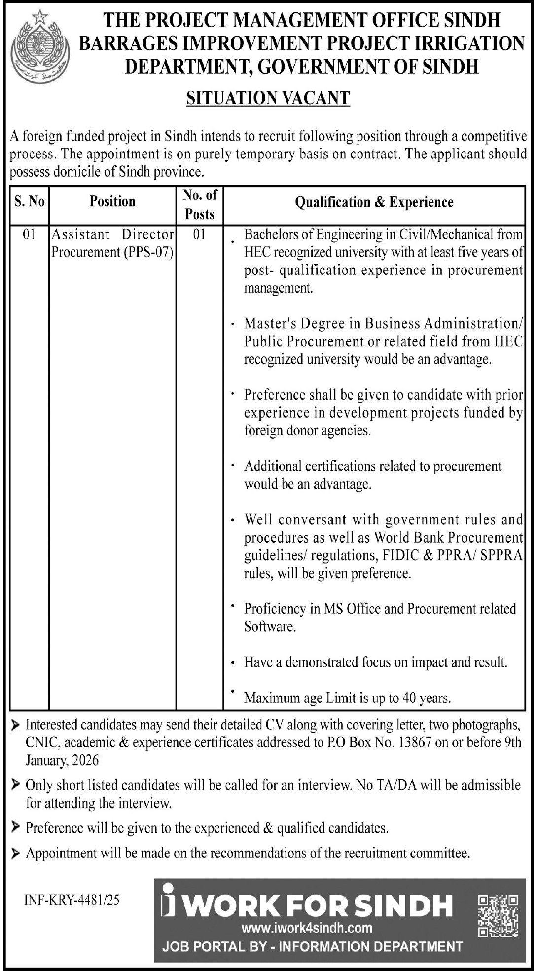 Sindh Barrages Improvement Project Jobs 2026 – Irrigation Department Sindh Jobs 2025 — original advertisement
