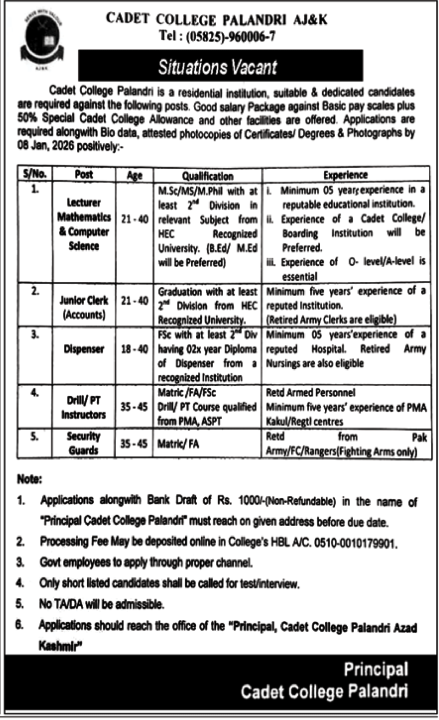 Cadet College Palandri Azad Jammu & Kashmir Jobs 2026 – Cadet College Palandri Azad Kashmir Jobs 2025 — original advertisement