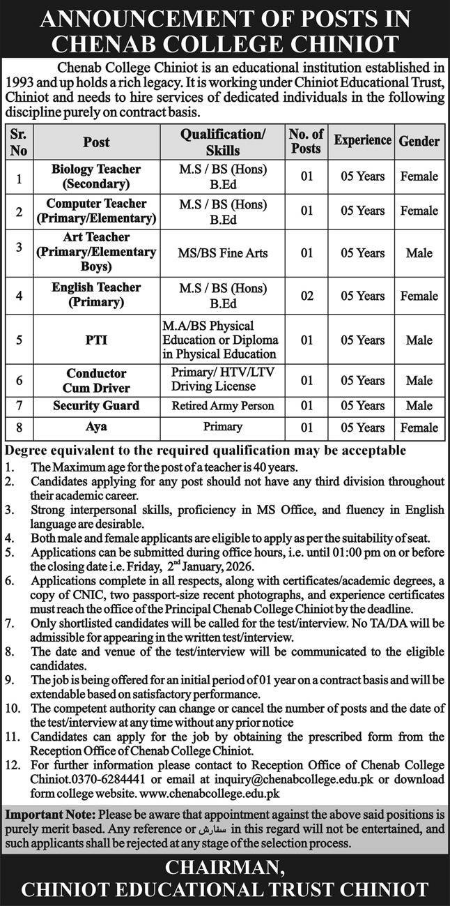 Chiniot Educational Trust Chiniot Jobs 2026 For Teachers – Chenab College Chiniot Jobs 2025 — original advertisement