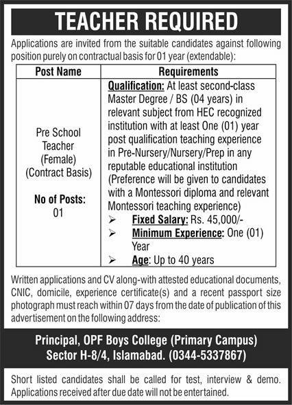 OPF Boys College Islamabad Jobs 2026 For Pre School Teacher – OPF Public School Jobs 2025 — original advertisement
