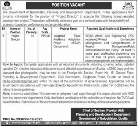 Planning and Development Department Jobs 2026 – Planning and Development Department Balochistan Jobs 2025 — original advertisement