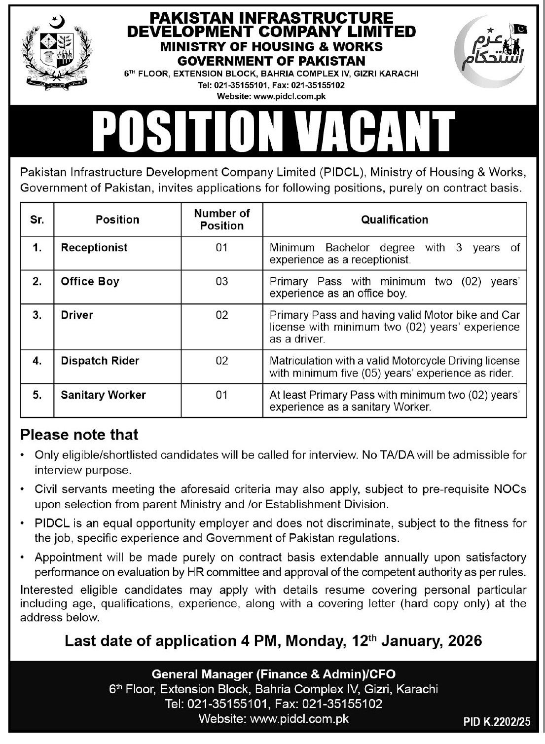 Pakistan Infrastructure Development Company PIDCL Jobs 2026 – Private Company Jobs 2025 — original advertisement