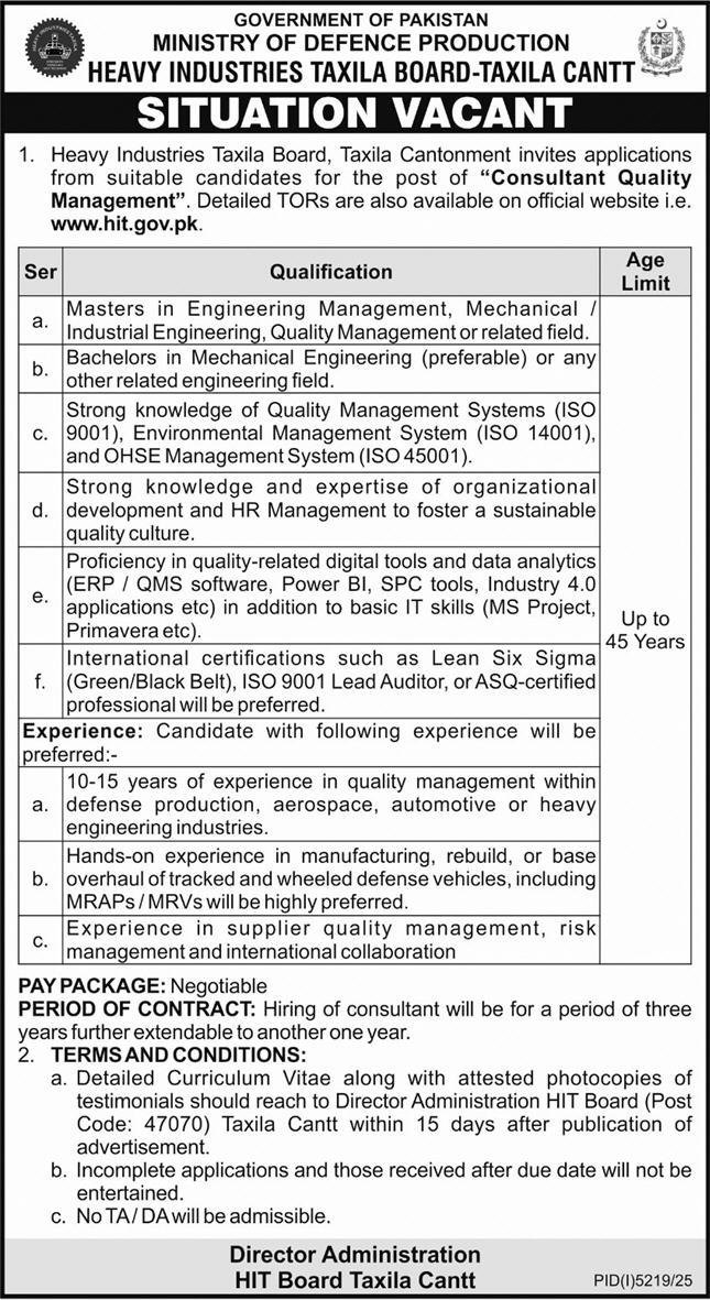 Ministry Of Defence Production HIT Taxila Jobs 2026 – Ministry of Defence Pakistan Jobs 2025 — original advertisement