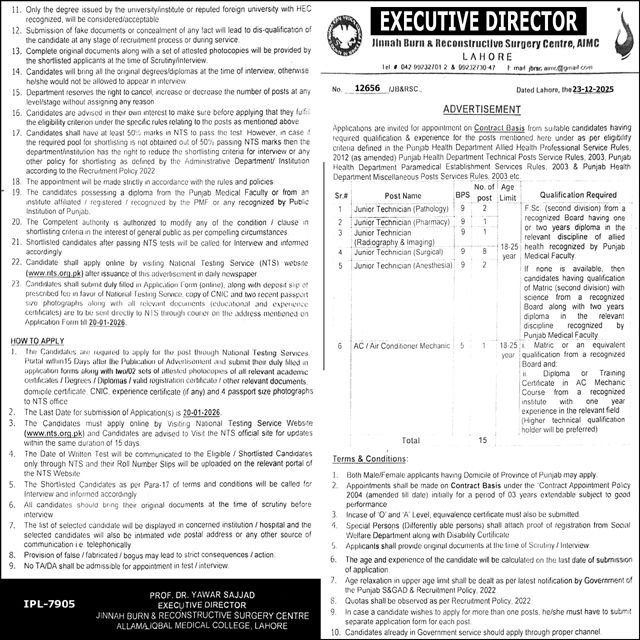Jinnah Burn & Reconstructive Surgery Centre Jobs 2026 Jobs 2025 — original advertisement