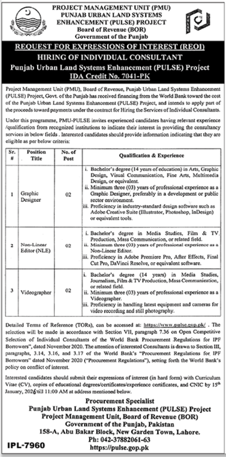 Board of Revenue Lahore Jobs 2025 – Revenue Department Punjab Jobs 2025 — original advertisement
