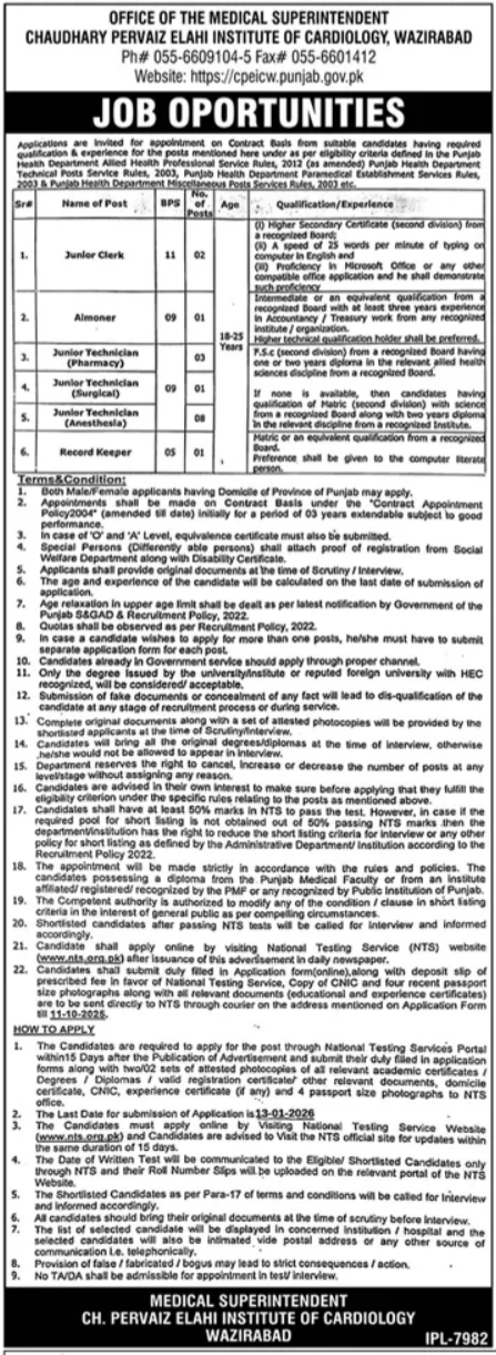 Chaudhary Pervaiz Elahi Institute Of Cardiology Jobs 2026 – Chaudhry Pervaiz Elahi Institute of Cardiology Multan Jobs 2025 — original advertisement