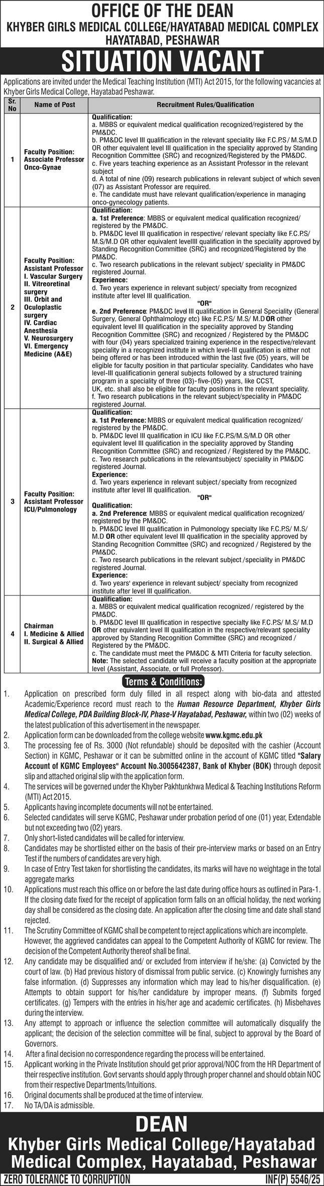 Khyber Girls Medical College KGMC Peshawar Jobs 2026 – Khyber Girls Medical College Peshawar Jobs 2025 — original advertisement
