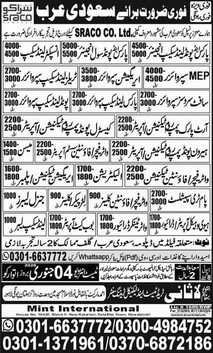 Mep Supervisor And General Labour Jobs in Saudia Arabia 2026 – Lasani Trade Test & Technical Training Center Jobs 2025 — original advertisement