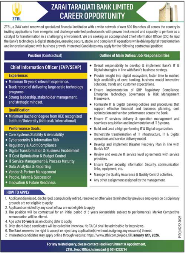 Zarai Taraqiati Bank Limited ZTBL Islamabad Job 2026 Jobs 2025 — original advertisement
