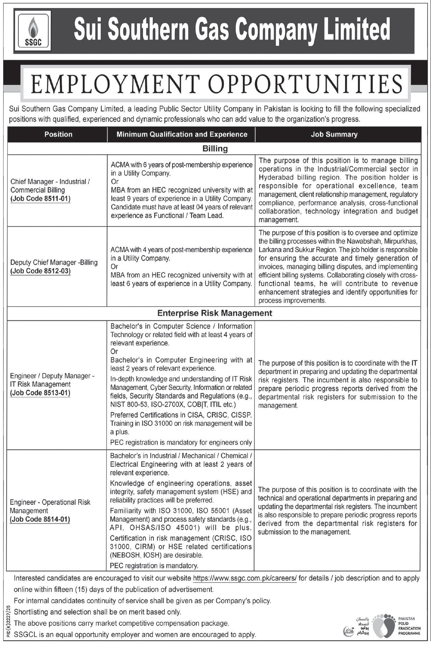 Sui Southern Gas Company Limited SSGC Jobs 2026 Jobs 2025 — original advertisement