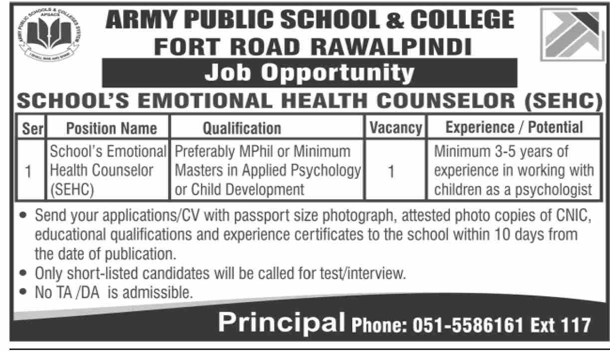 Army Public School & College Rawalpindi Jobs 2026 – Army Public School & College Paksitan Jobs 2025 — original advertisement