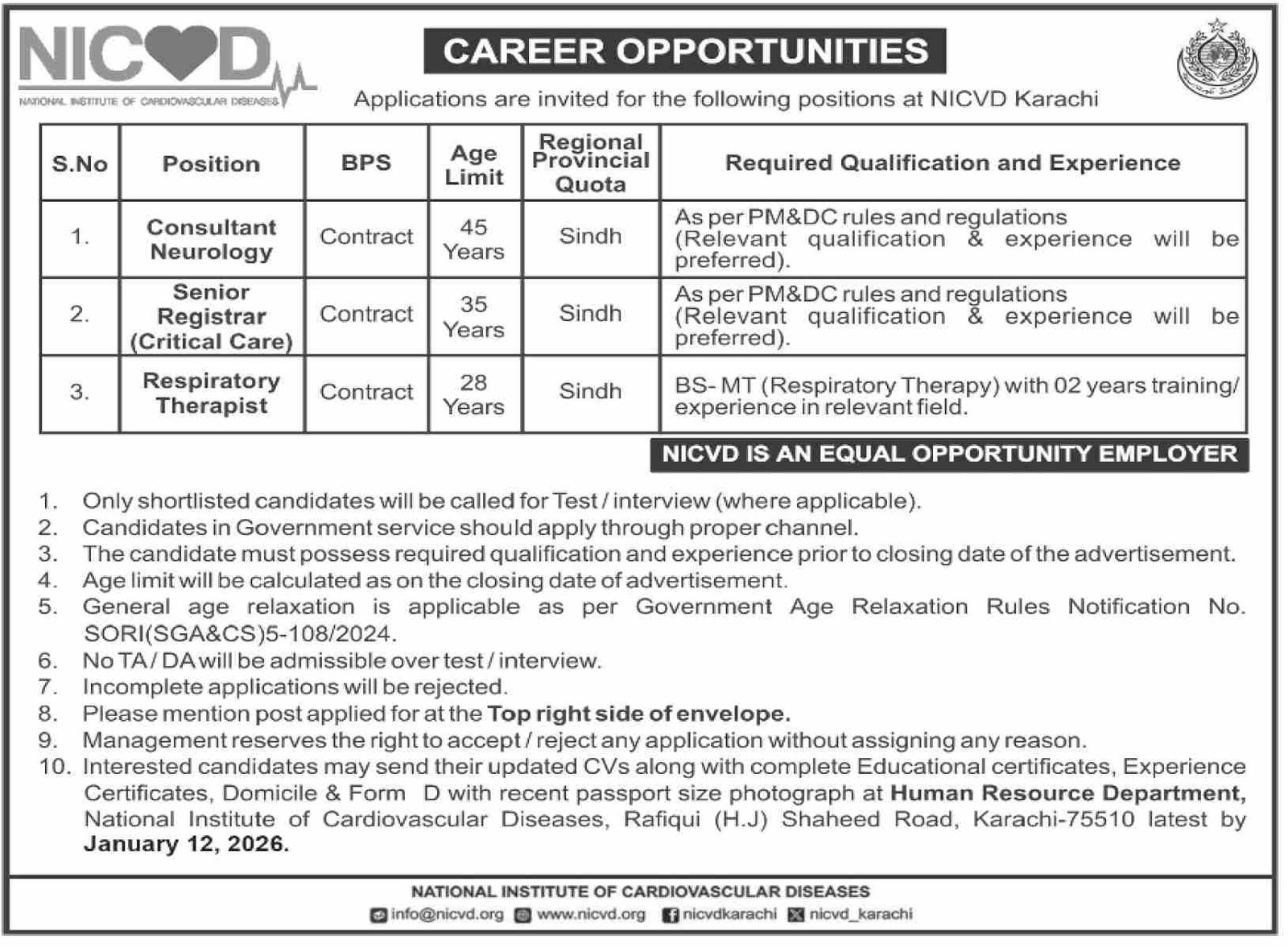 National Institute of Cardiovascular Diseases NICVD Jobs – National Institute of Cardiovascular Diseases (NICVD) Sindh Karachi Jobs 2025 — original advertisement