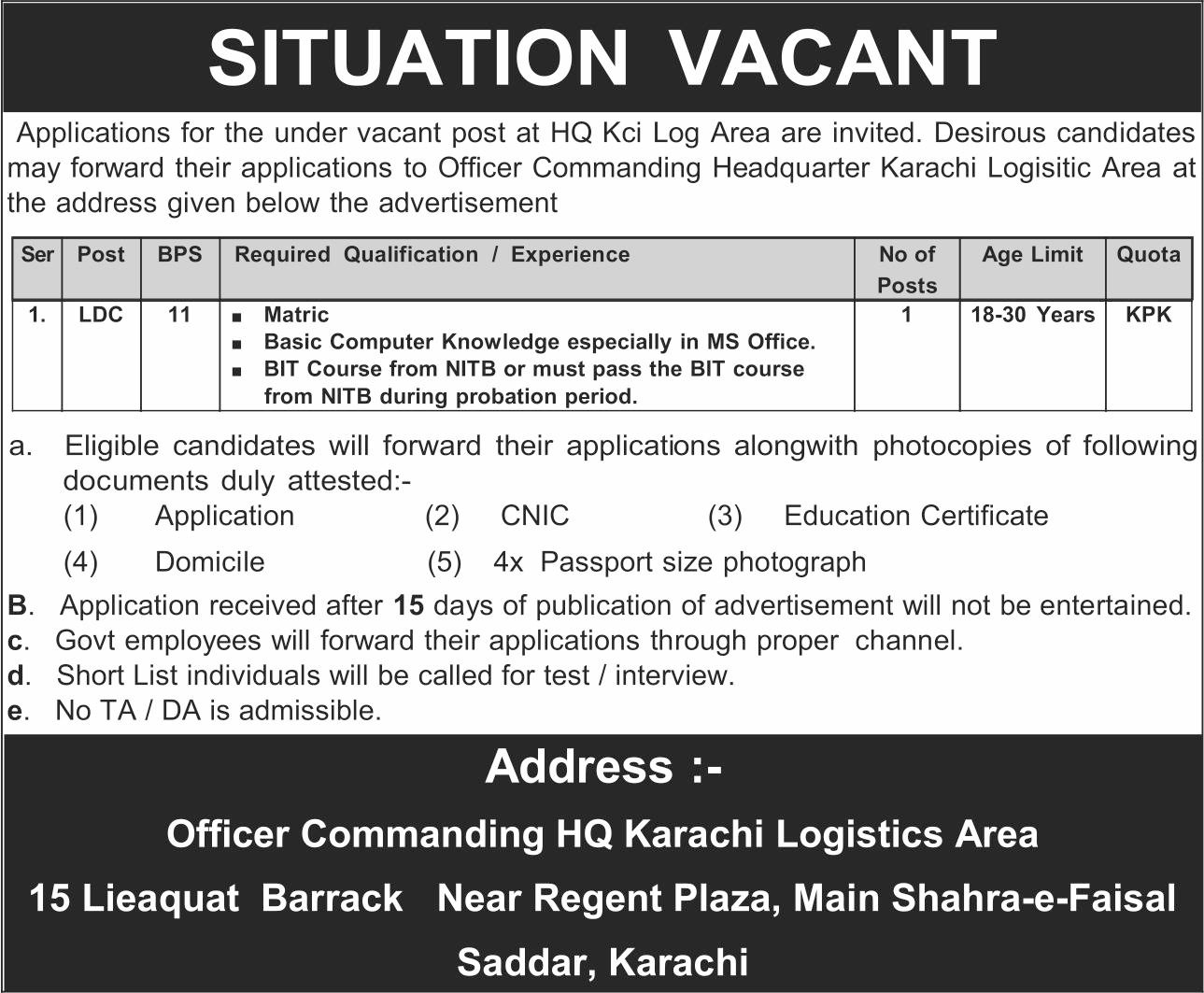 Headquarter Logistics Area Karachi Jobs 2026 – Pakistan Army Jobs 2025 — original advertisement