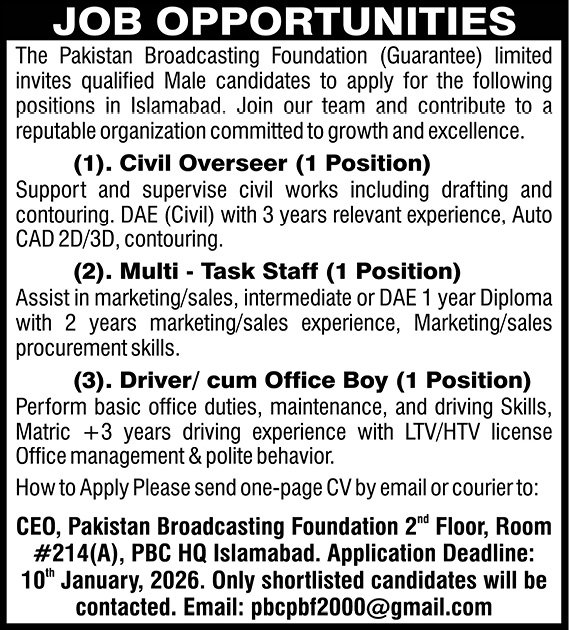 Pakistan Broadcasting Foundation Limited Islamabad Jobs 2026 – Public Sector Organization Jobs 2025 — original advertisement