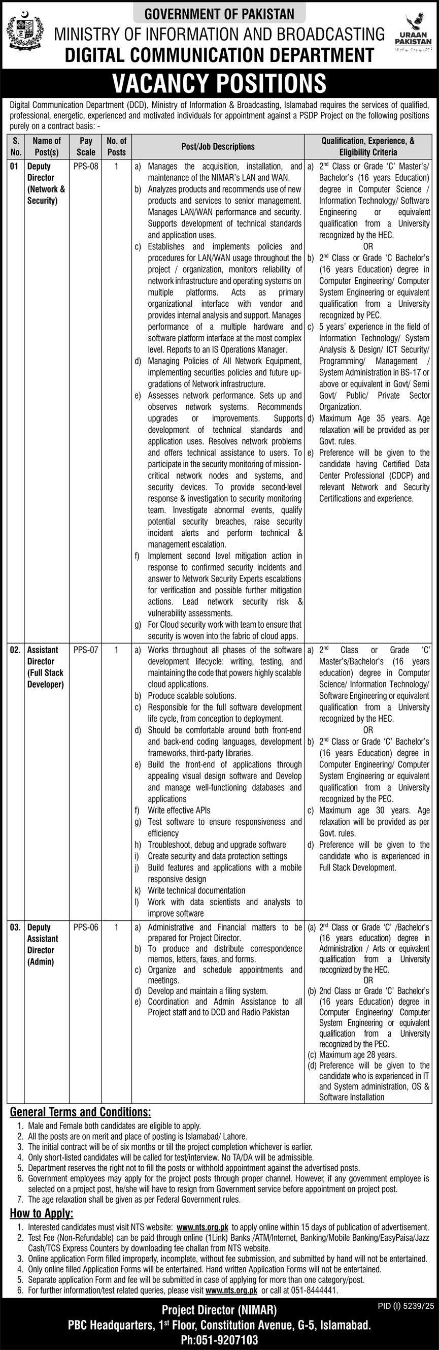 Ministry of Information and Broadcasting Islamabad Jobs 2026 – Ministry of Information & Broadcasting Pakistan Jobs 2025 — original advertisement