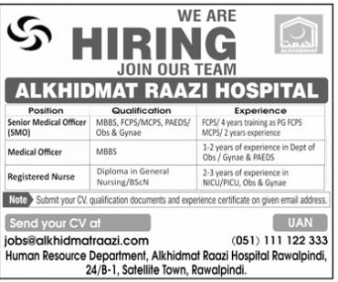 Al Khidmat Raazi Hospital Rawalpindi Jobs 2026 – Alkhidmat Raazi Hospital Islamabad Jobs 2025 — original advertisement