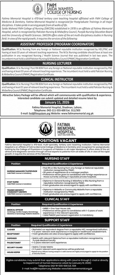 Fatima Memorial Hospital Fmh Jobs 2026 – Fatima Memorial Hospital (Fmh) Lahore Jobs 2025 — original advertisement