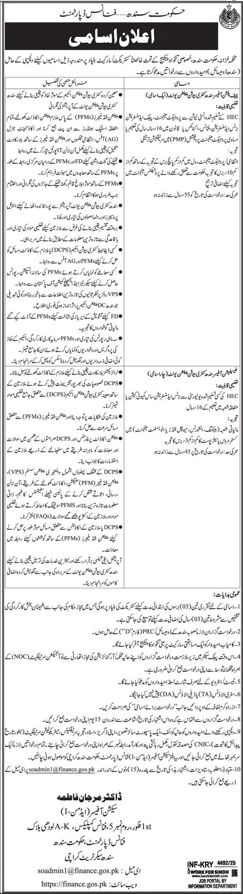 Finance Department Sindh Jobs 2026 – Finance Department Govt of Sindh Jobs 2025 — original advertisement