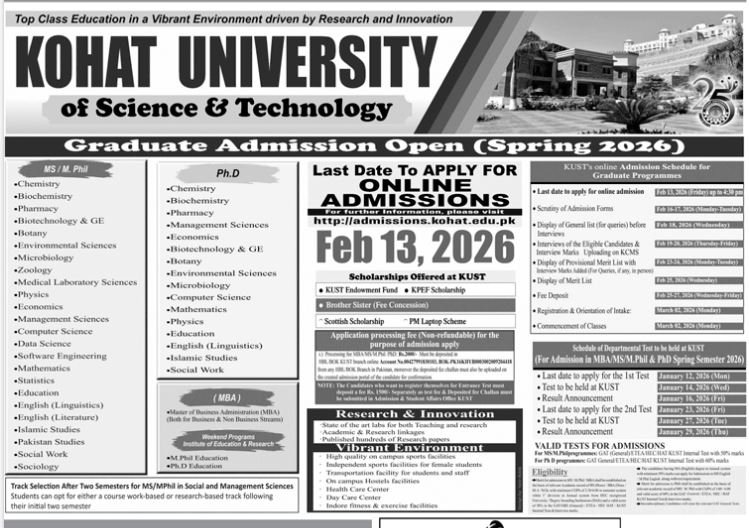 Admission Open in Kohat University of Science And Technology – Kohat University of Science and Technology Kohat Admissions 2025 — original advertisement