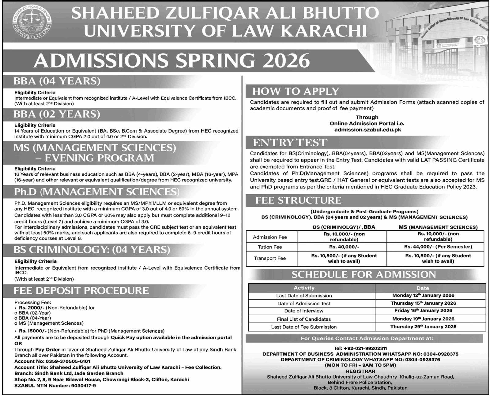 Admission Open in Shaheed Zulifiqar Ali Bhtto Univesity law – Shaheed Zulfiqar Ali Bhutto University of Law Karachi Admissions 2025 — original advertisement