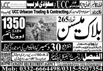 Block Mason Jobs in Saudia Arabia 2025 – Al Faisal Trade Test & Technical Training Center Jobs 2025 — original advertisement