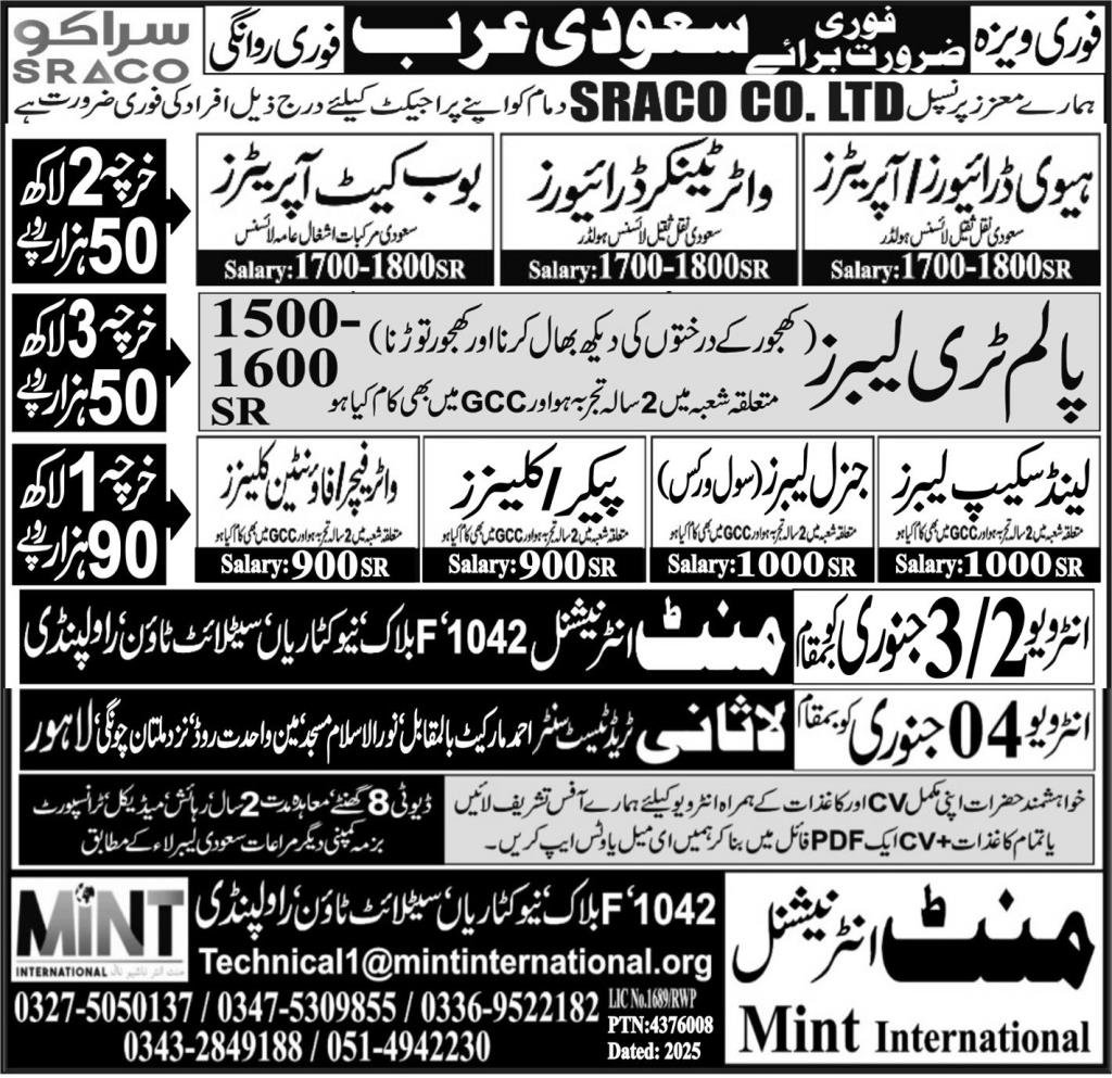 Bom Gate Operators and cleaner Jobs in Saudia Arabia – Mint International Manpower Recruitment Jobs 2025 — original advertisement