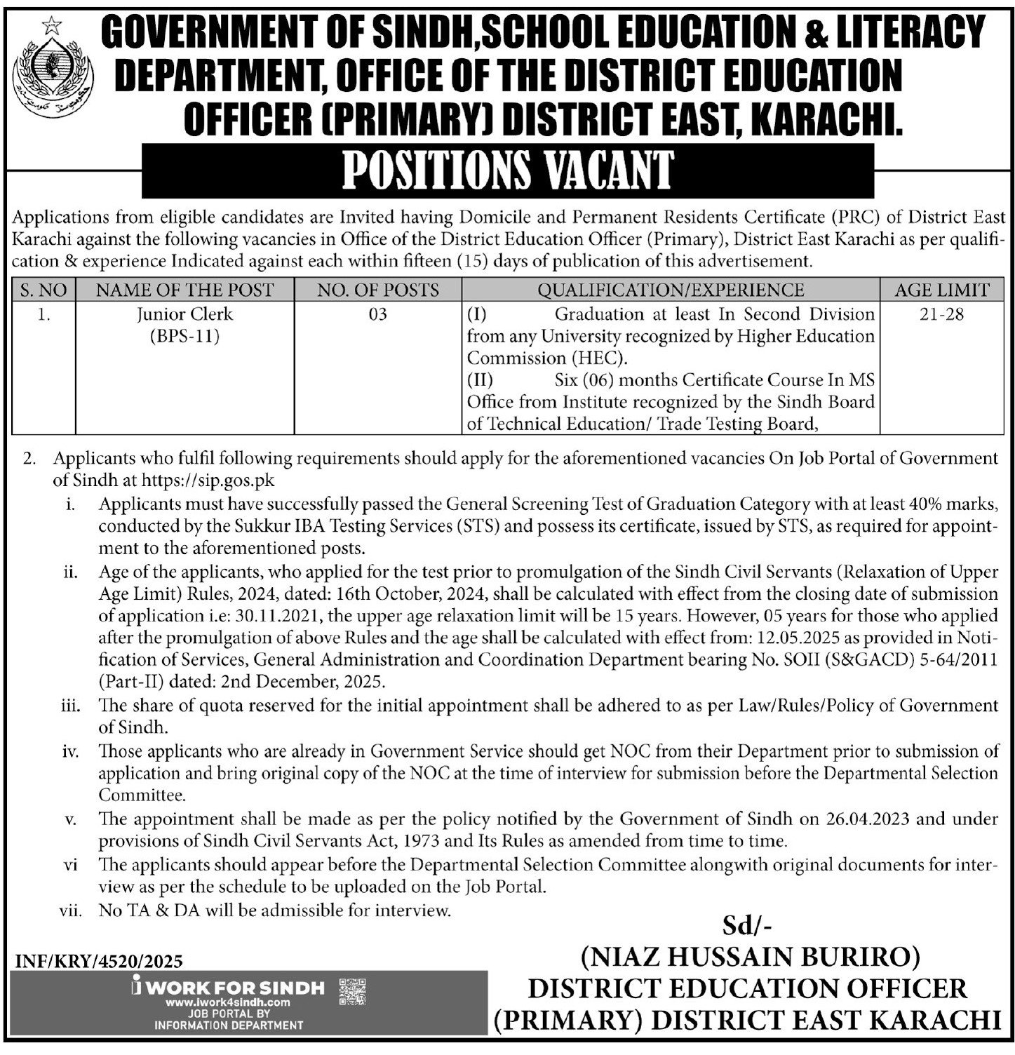 School Education & Literacy Department Karachi Jobs 2026 – School Education & Literacy Department Sindh Jobs 2025 — original advertisement