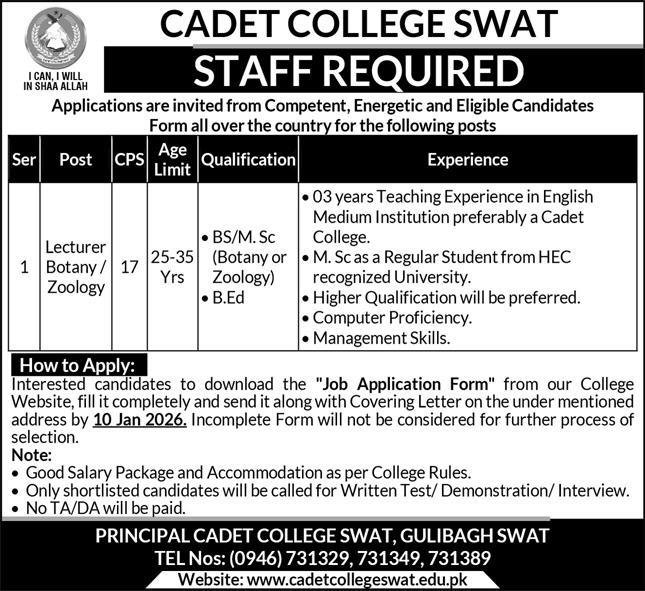 Cadet College Swat Jobs 2026 For Lecturers Jobs 2025 — original advertisement