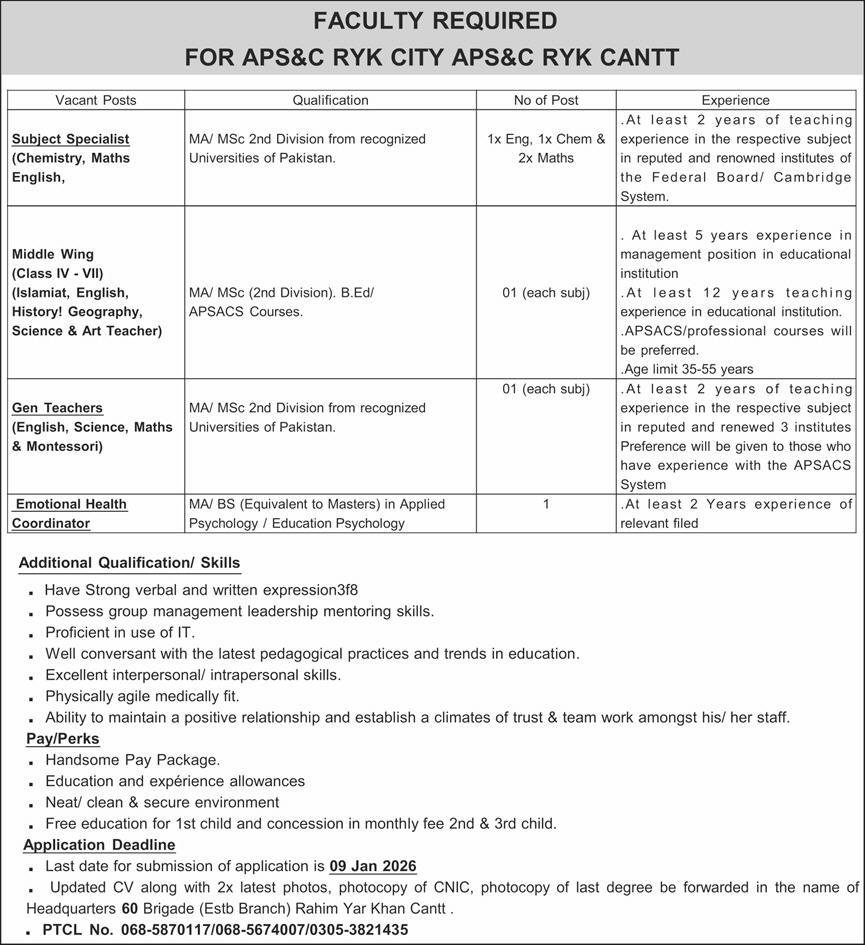 Army Public School & College APS&C Rahim Yar Khan Jobs 2026 – Army Public School & College Paksitan Jobs 2025 — original advertisement