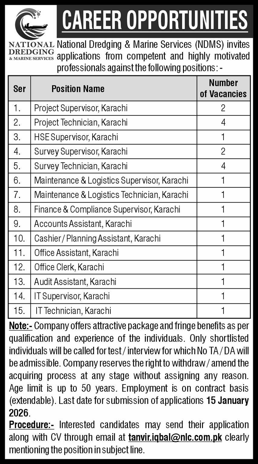 National Dredging & Marine Services NDMS Karachi Jobs 2026 – Public Sector Organization Jobs 2025 — original advertisement