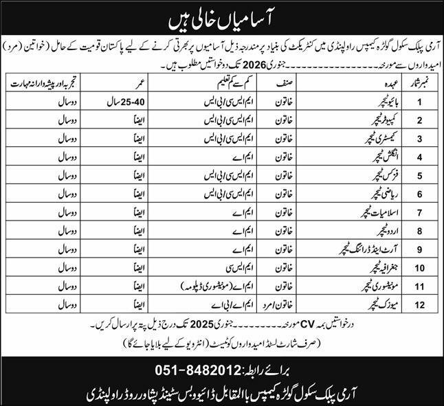 Army Public School APS Golra Campus Rawalpindi Jobs 2026 – Army Public School & College Paksitan Jobs 2025 — original advertisement