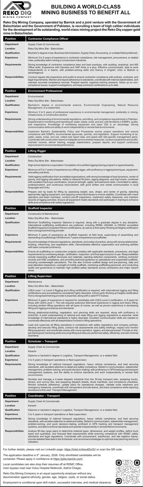 Reko diq mine Company Balochistan Jobs 2026 – Barrick Pakistan Jobs 2025 — original advertisement