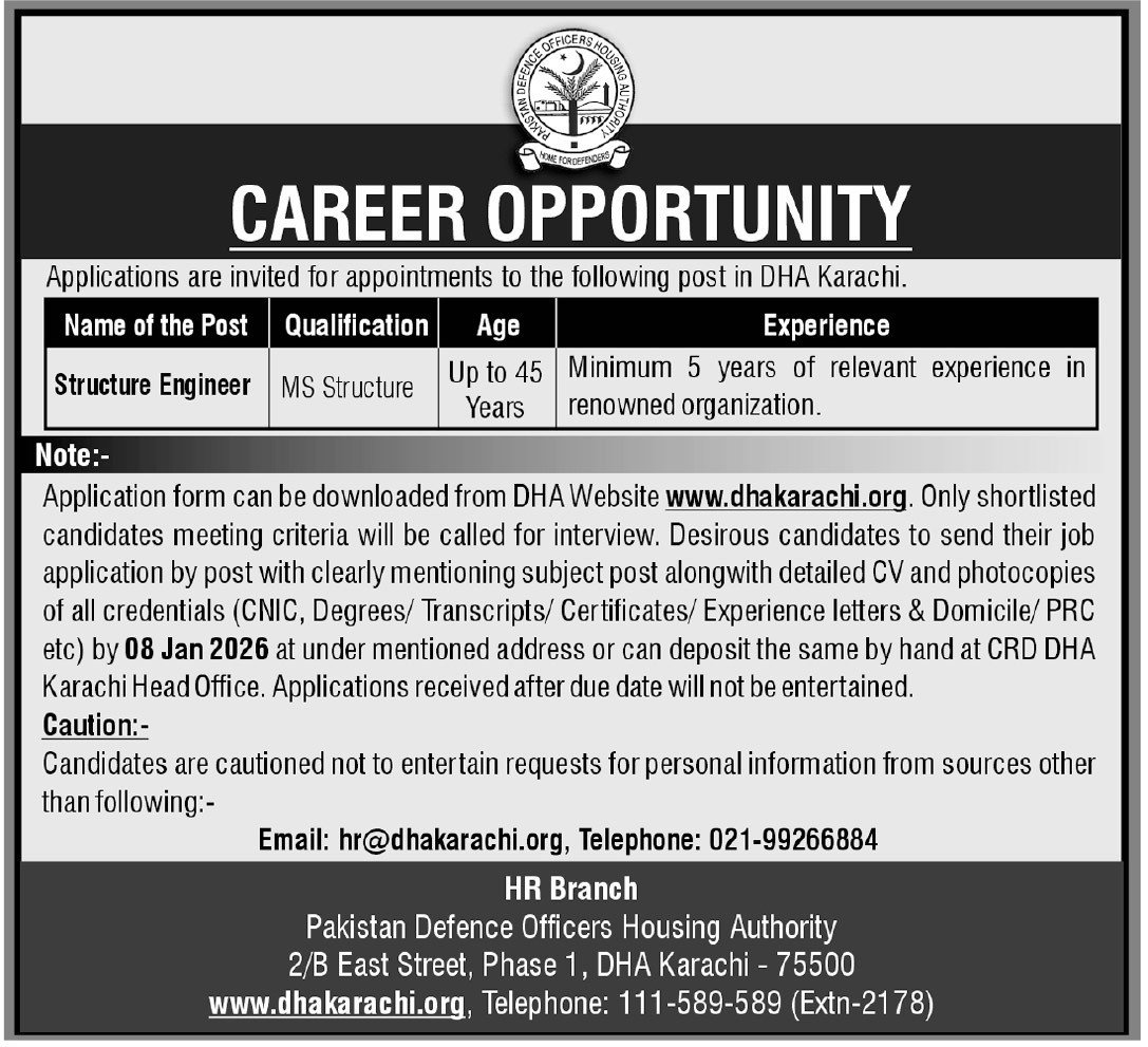 Defence Housing Authority DHA Karachi Jobs 2026 Jobs 2025 — original advertisement