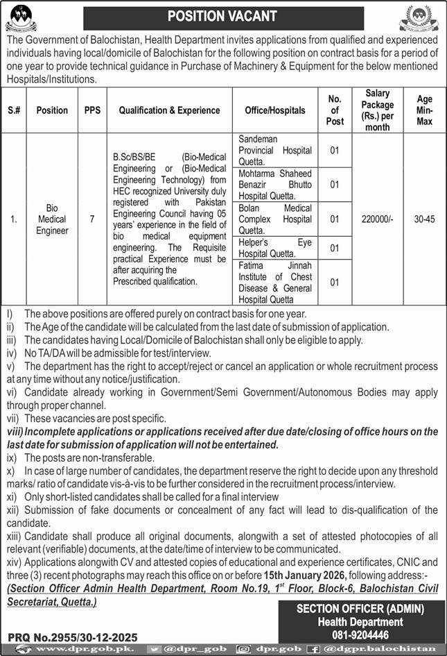 Health Department Quetta Jobs 2026 For Biomedical Engineer – Health Department Balochsitan Jobs 2025 — original advertisement