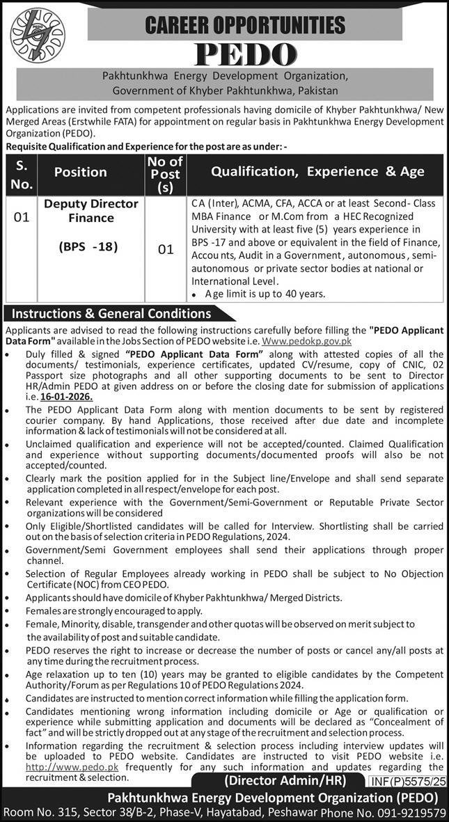 Pakhtunkhwa Energy Development Organization PEDO Jobs 2026 – Khyber Pakhtunkhwa Energy Development Organization Jobs 2025 — original advertisement