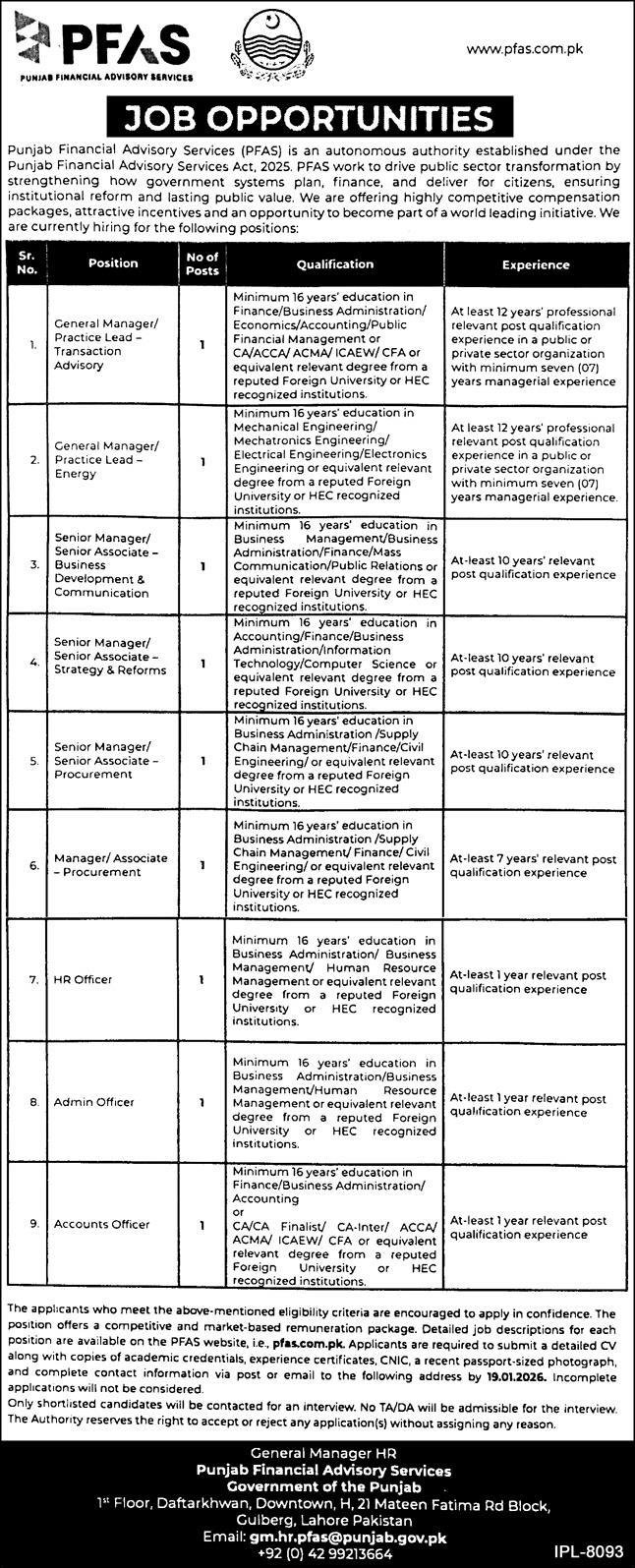 PFAS Punjab Financial Advisory Services Lahore Jobs 2026 – Punjab Forensic Science Agency PFSA Jobs 2025 — original advertisement