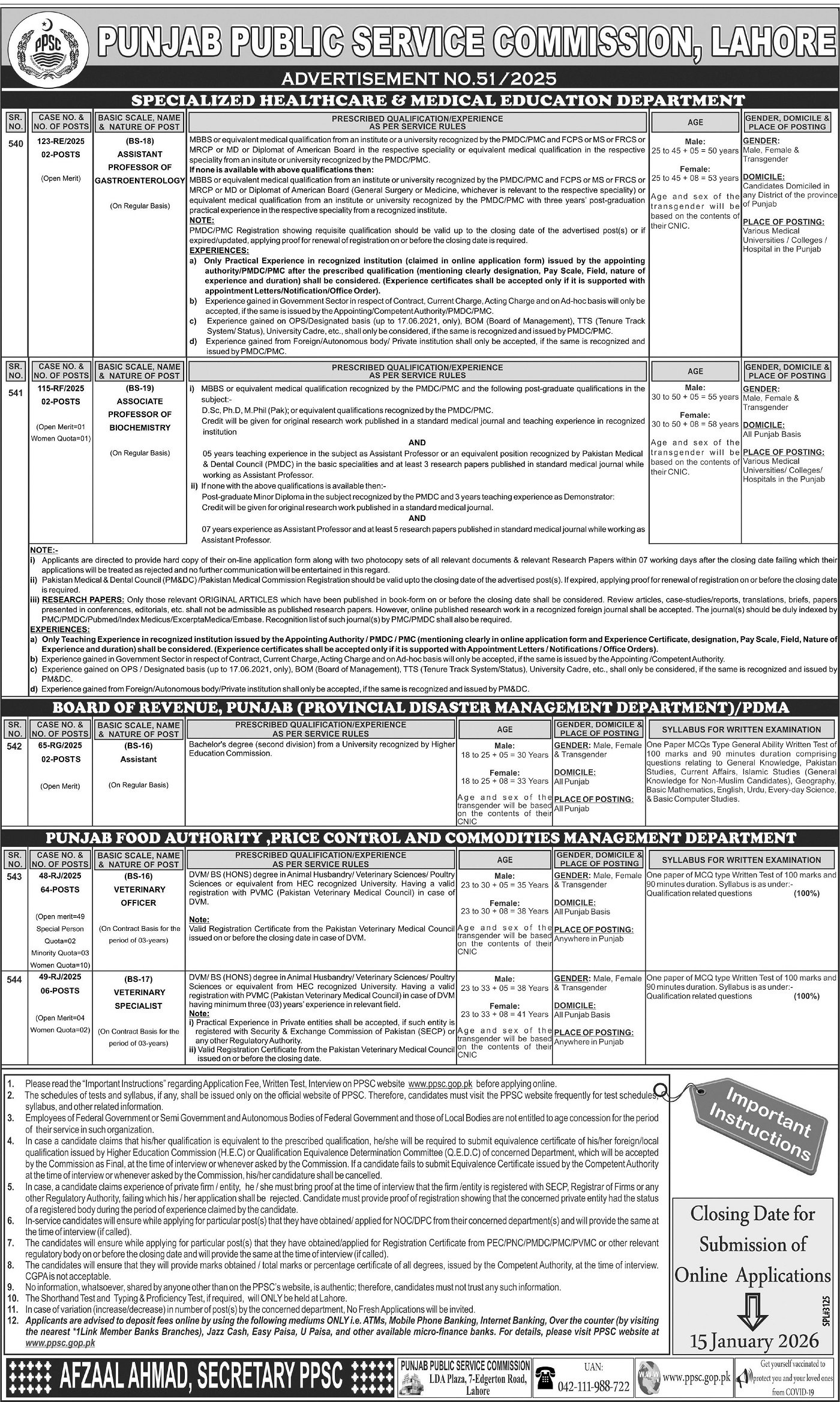 Punjab Public Service Commission PPSC Jobs 51/2025 – Punjab Public Service Commission Lahore Jobs 2025 — original advertisement
