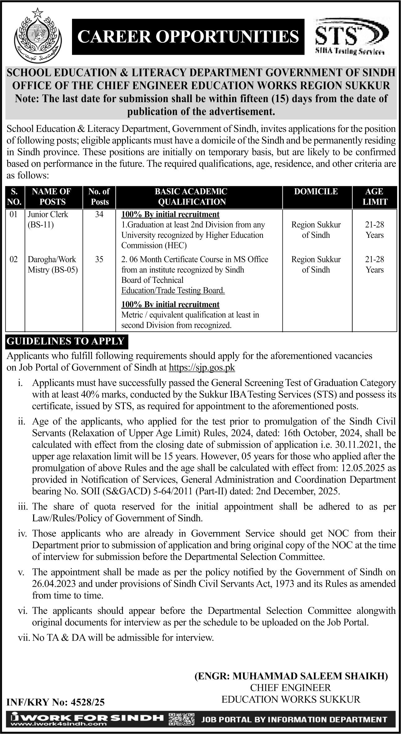 School Education & Literacy Department Sukkur Jobs 2026 – School Education & Literacy Department Sindh Jobs 2025 — original advertisement