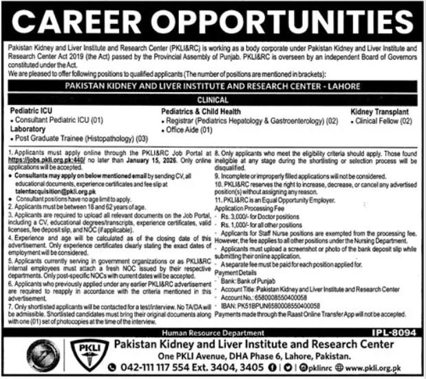 Pakistan Kidney and Liver Institute and Research Centre Jobs – Pakistan Kidney And Liver Institute (PKLI) And Research Centre Lahore Jobs 2025 — original advertisement
