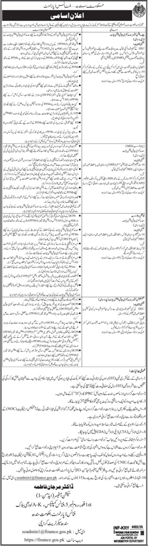 Finance Department Sindh Jobs 2026 – Finance Department Govt of Sindh Jobs 2025 — original advertisement