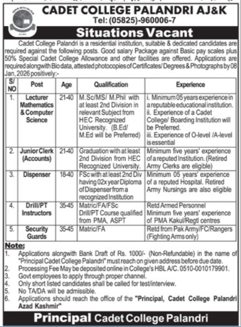 Cadet College Palandri Jobs 2026 – Cadet College Palandri Azad Kashmir Jobs 2025 — original advertisement
