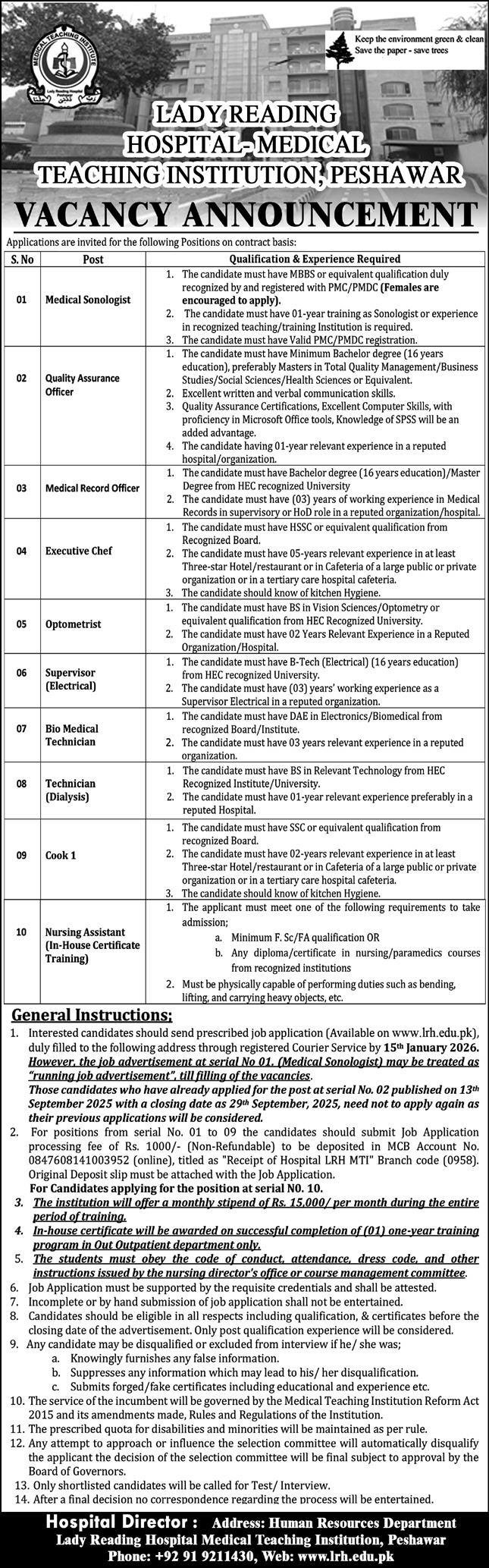Lady Reading Hospital LRH MTI Peshawar Jobs 2026 – Lady Reading Hospital Peshawar Jobs 2026 — original advertisement